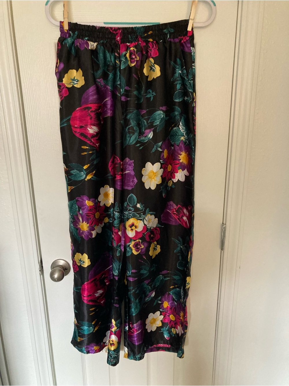 Floral Wide Leg Satin Pants in Black with Multicolor Print